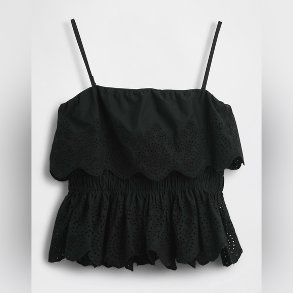 Black Lace Trim Poplin Eyelet Ruffle Top Sizes XS Petite & Small Petite